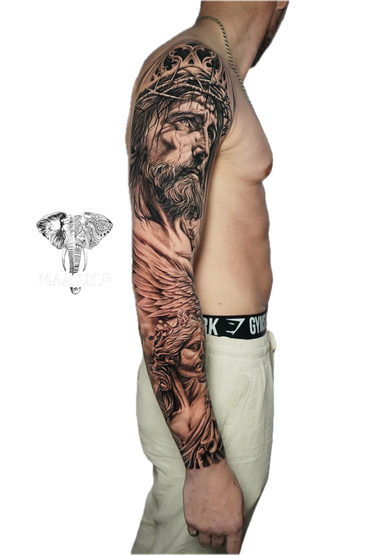Realism Tattoo Design: Detailed portrait of Jesus Christ with crown of thorns on full sleeve