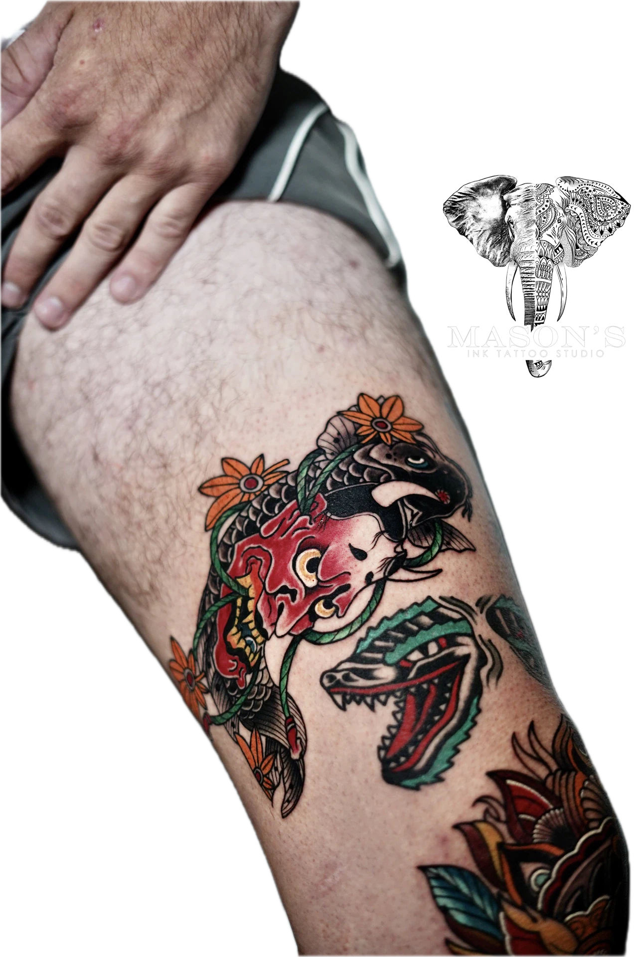 Neo Traditional Tattoo Fish Devil and Snake by Mason's Ink Tattoo Studio, Bali