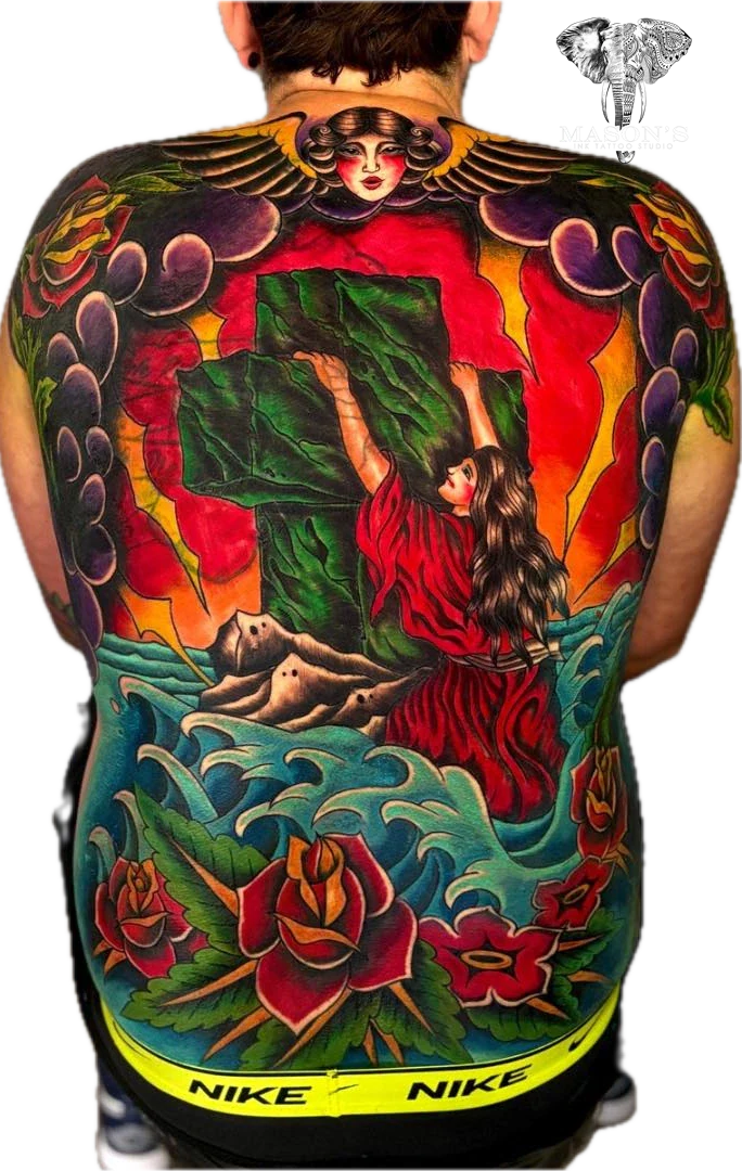 Neo Traditional Color Full Back Jesus and Red Rose tattoo by Mason's Ink Tattoo Studio, Bali