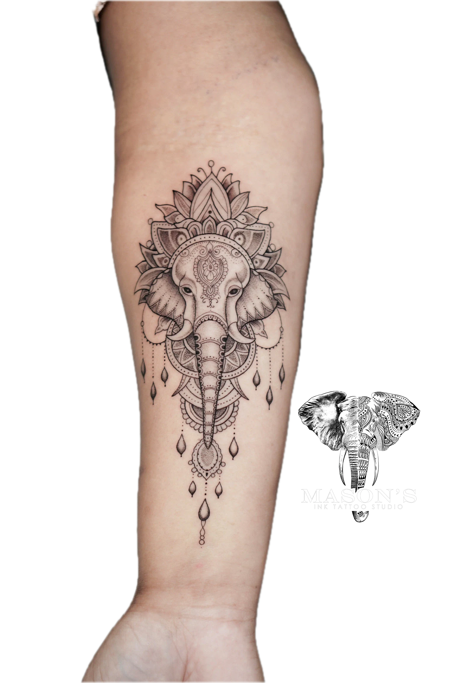 Black and Grey Ornamental Tattoo Style Design: a large elephant mandala tattoo on the calf