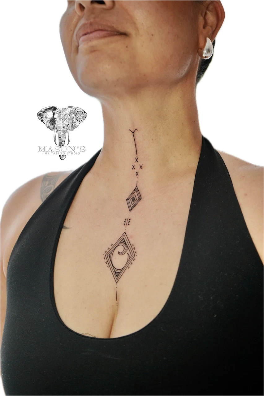 Ornamental Tattoo Design: Minimal geometric pattern on the sternum with diamonds and lines