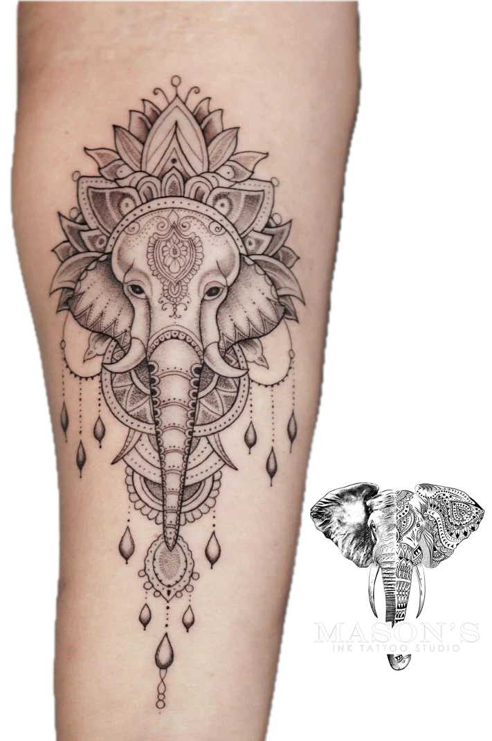 Ornamental Ganesha tattoo by Mason's Ink Tattoo Studio, Bali