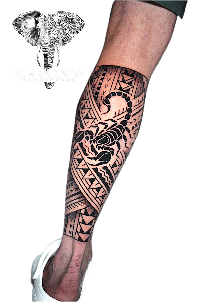 Polynesian Tattoo Design: a large snake and geometric pattern tattoo on a full leg