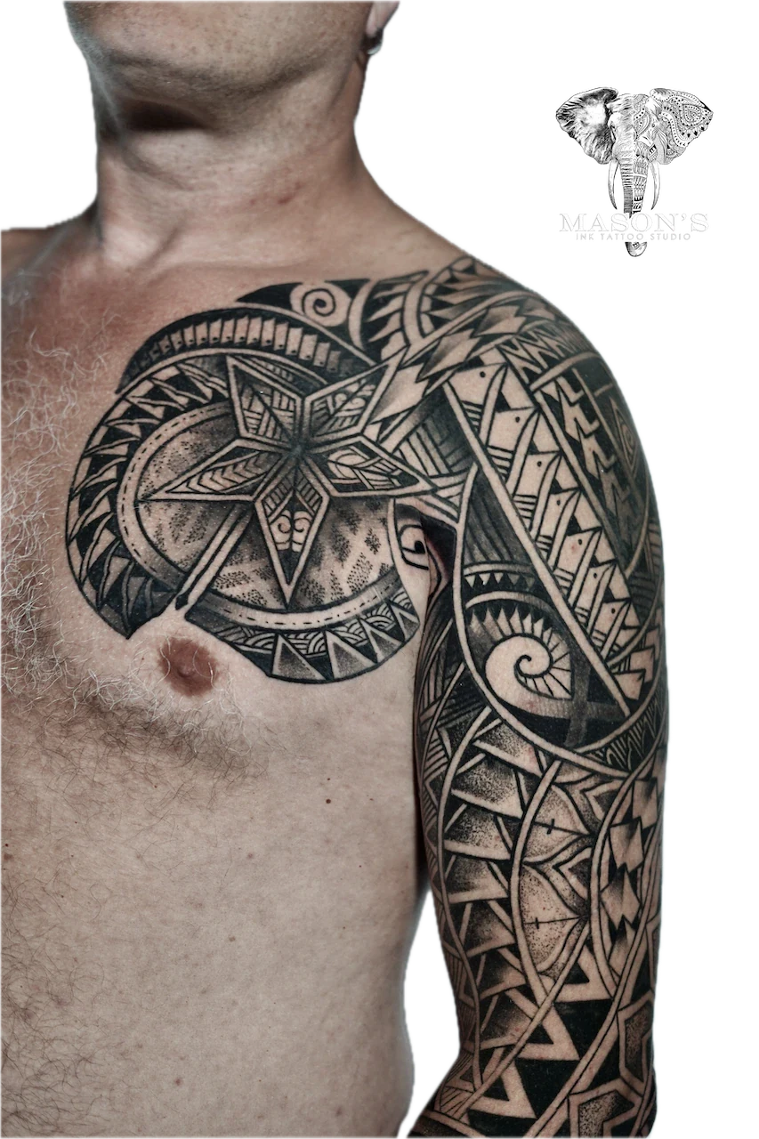 Polynesian Tribal Tattoo Design: Intricate geometric pattern with spirals and lettering on upper arm
