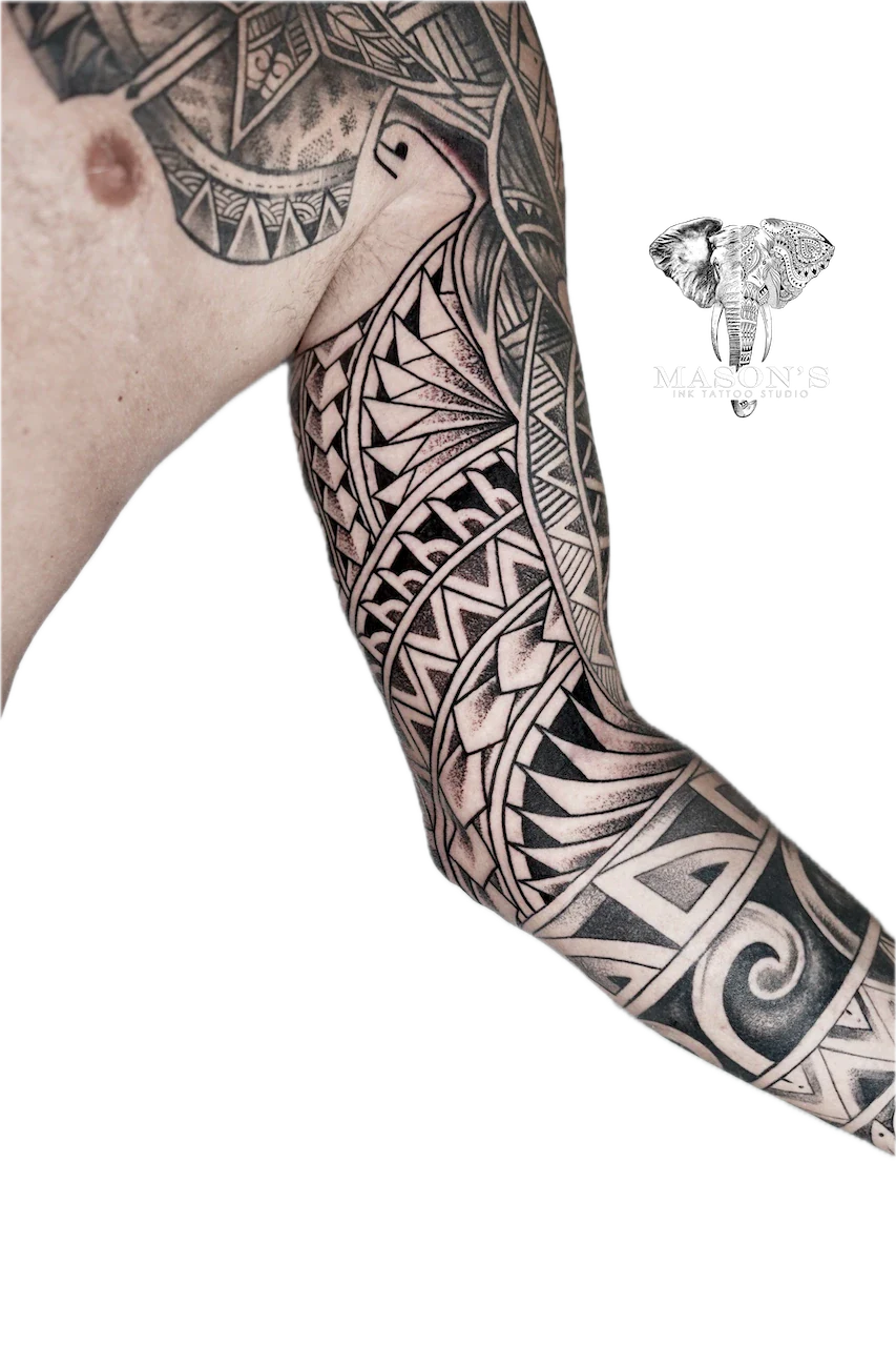 Authentic Polynesian Tattoo Design: a full sleeve tattoo of intricate geometric patterns and shapes