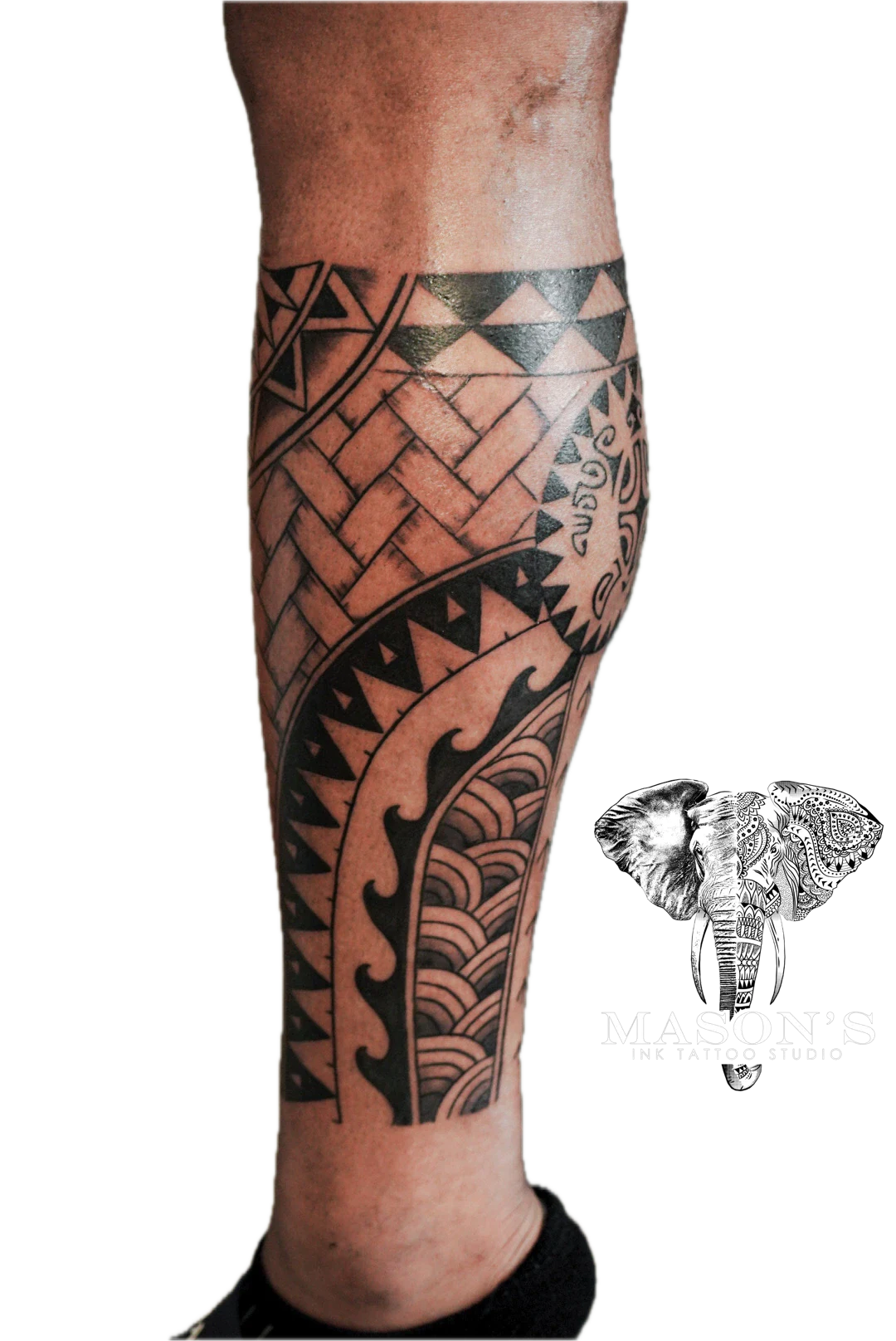 Polynesian Tattoo Design: Intricate geometric pattern and wave design on the calf