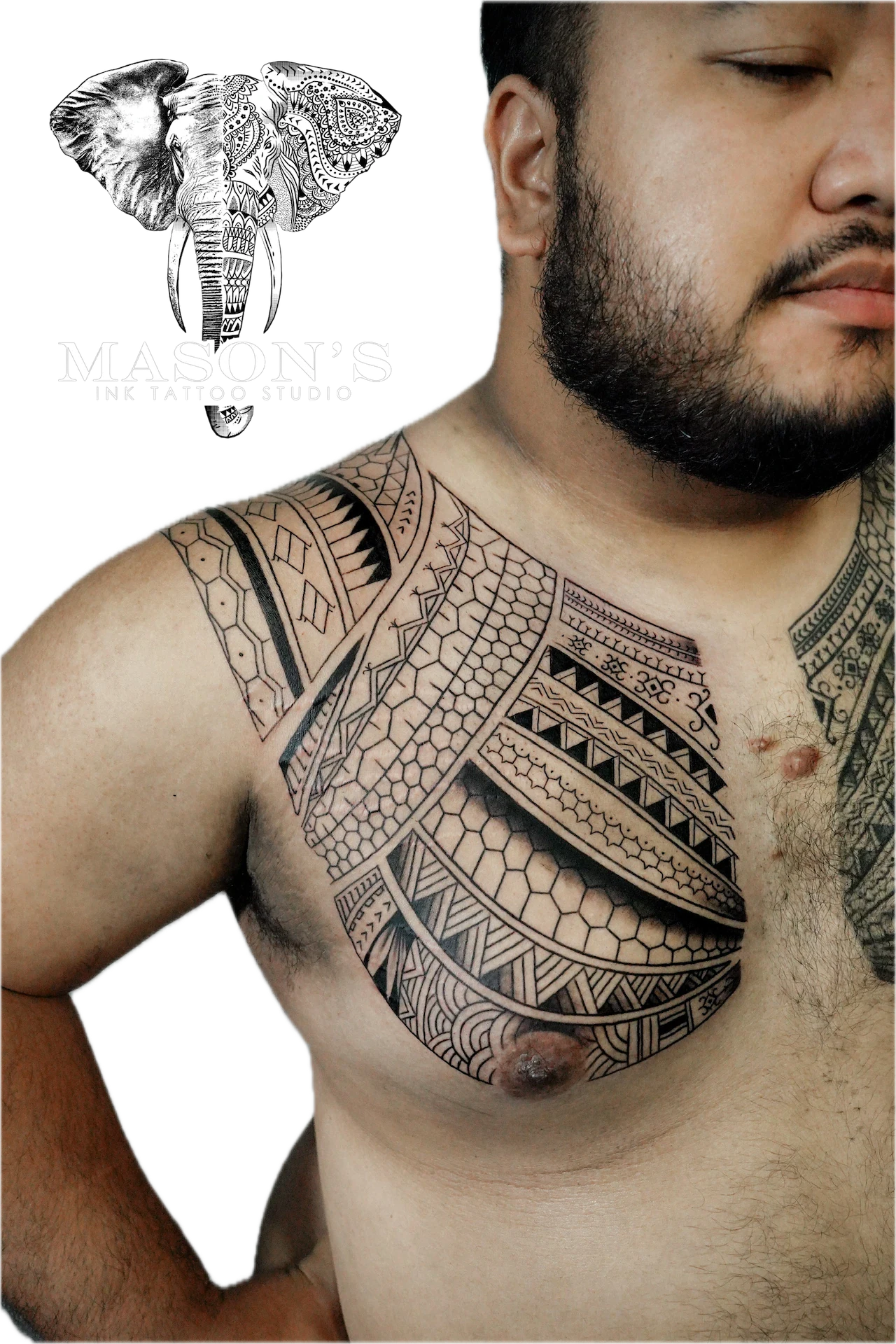 Polynesian Tattoo Design: Intricate geometric pattern covering the chest