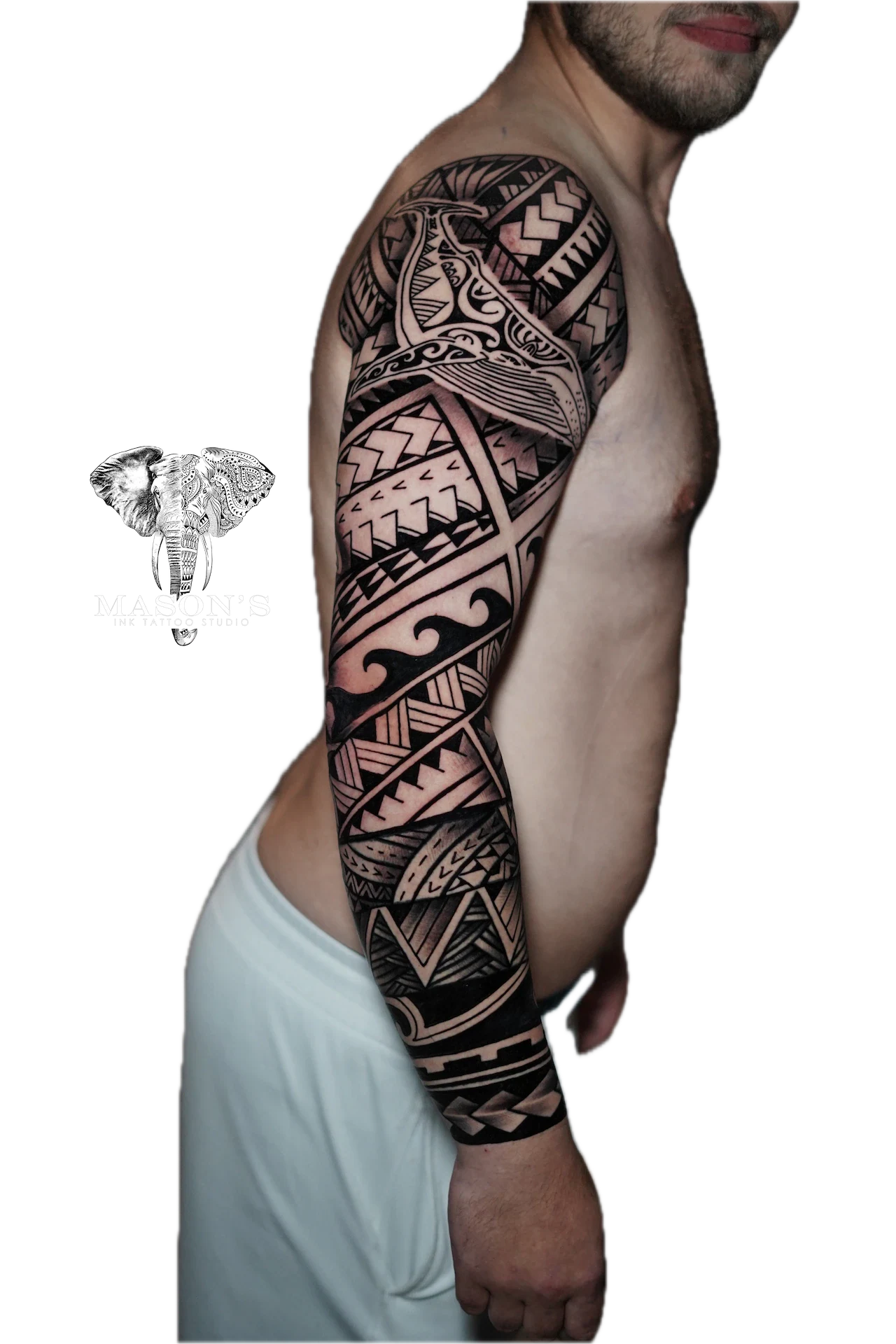 Polynesian Tattoo Design: a full sleeve tattoo of oceanic geometric patterns and sea creatures