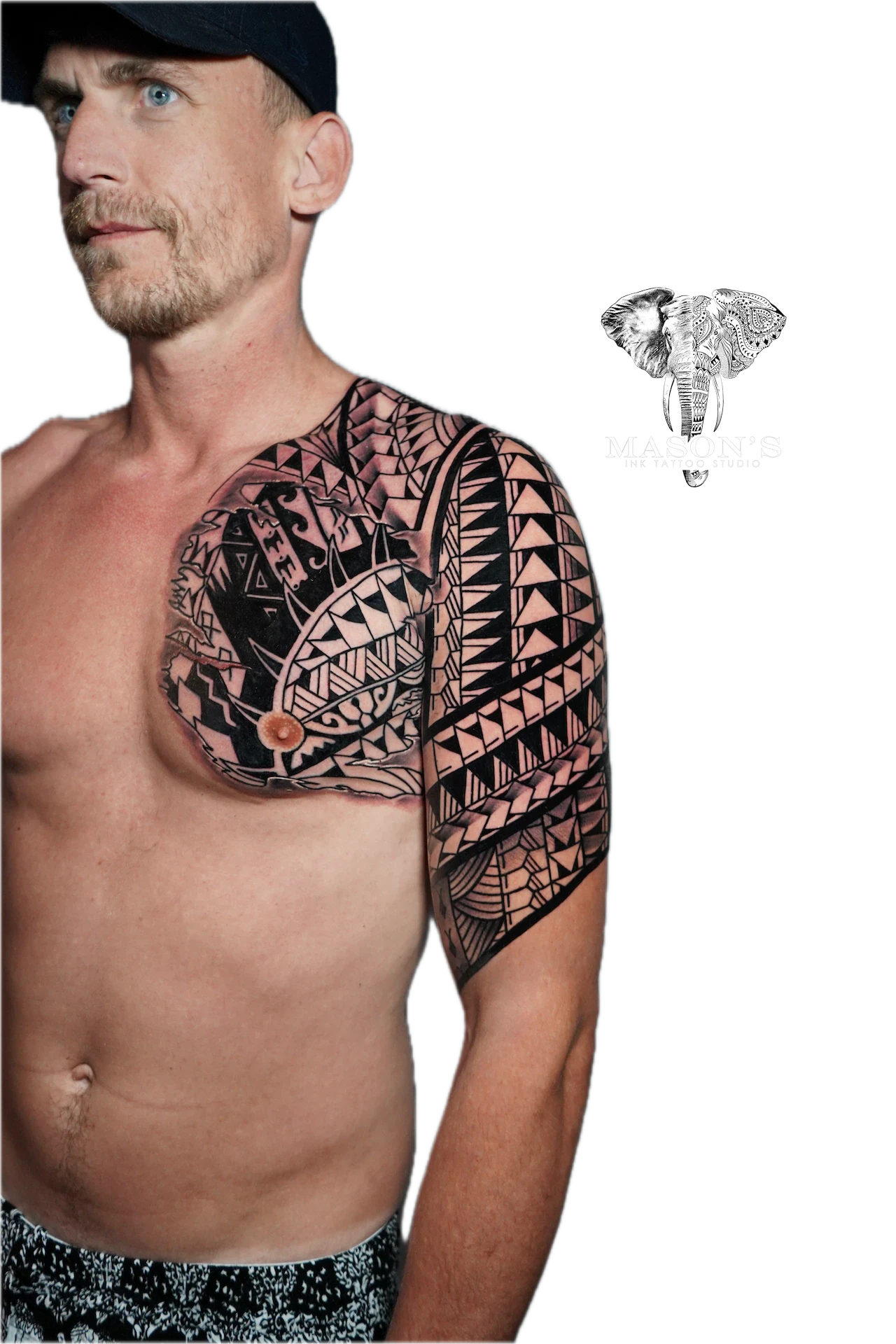 Polynesian Tattoo Design: a large black and grey geometric pattern sleeve tattoo