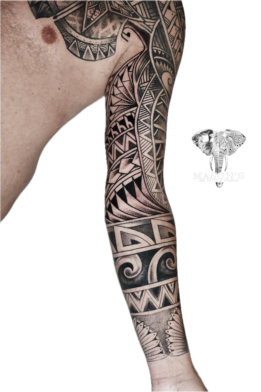 Polynesian Tattoo Design: a full sleeve tattoo of intricate geometric patterns and swirls