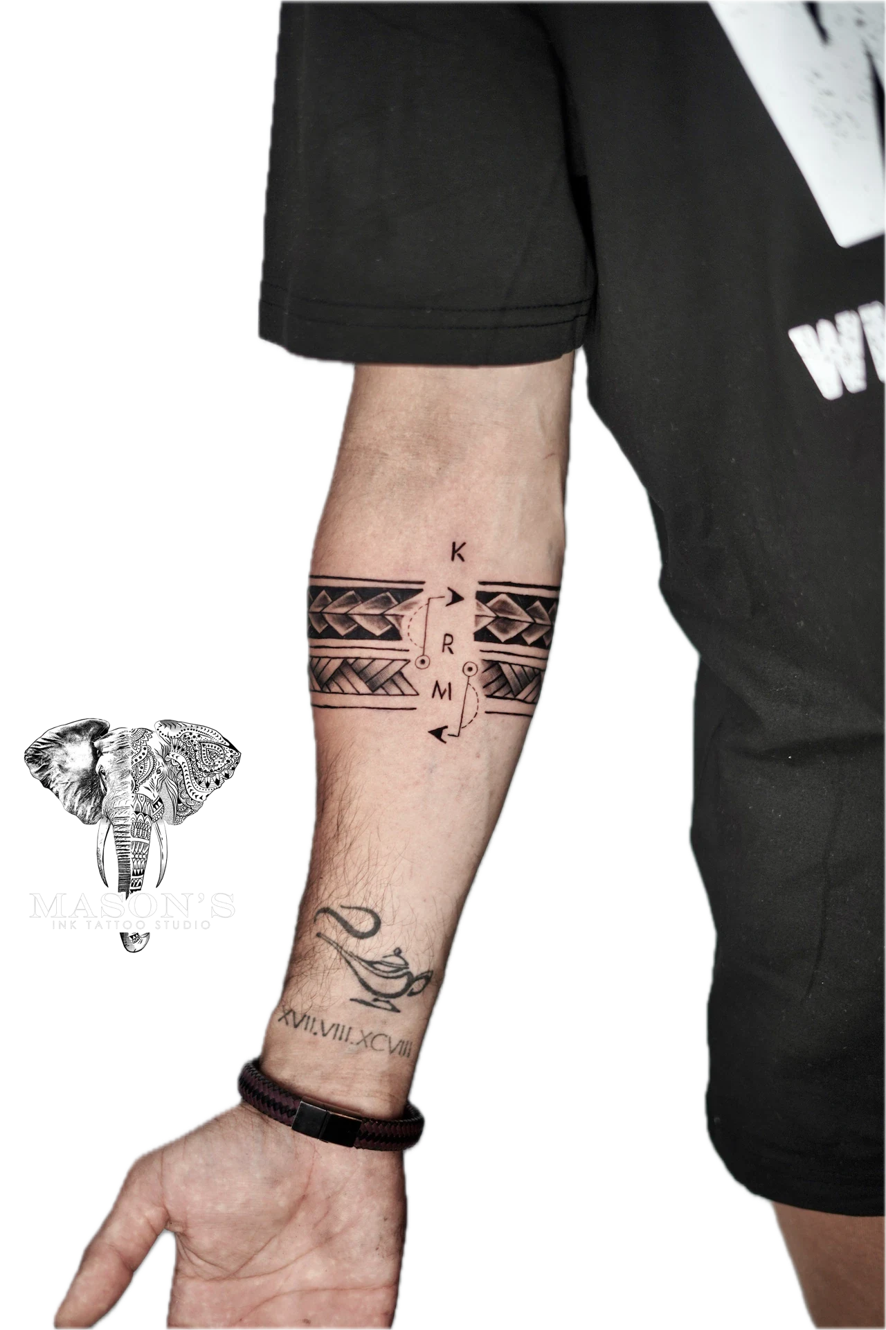 Polynesian Tattoo Design: Minimal geometric pattern with compass, anchor, and lettering on forearm