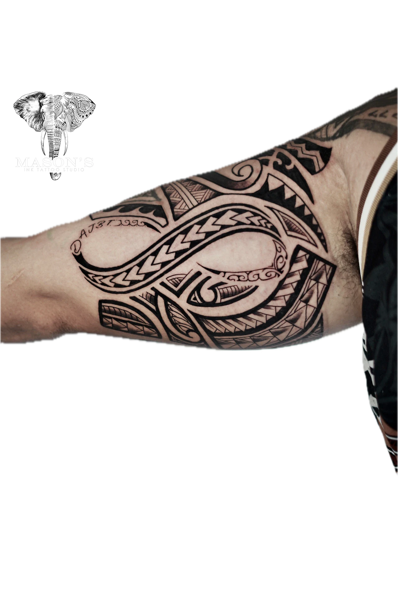 Polynesian Tattoo Design: a large forearm tattoo of geometric ocean patterns with lettering