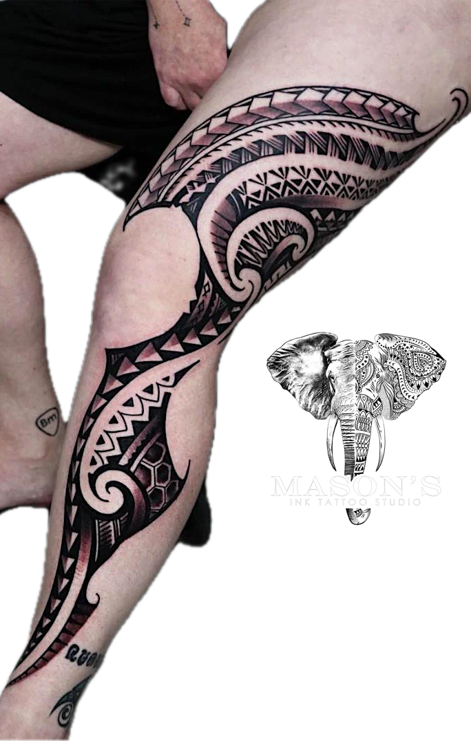 Polynesian Full Leg tattoo by Mason's Ink Tattoo Studio, Bali
