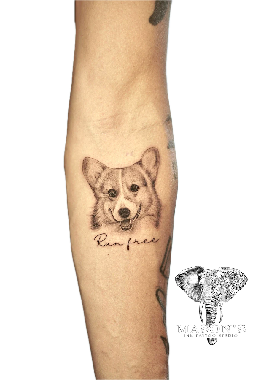 Realism Dog Portrait Script Tattoo Design - Portrait tattoo by Mason's Ink Tattoo Studio, Bali
