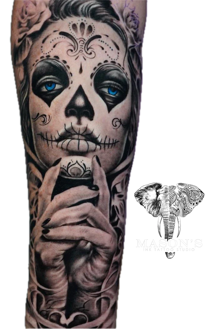 Black and Grey Realism Calavera Catrina or sugar skull beauty tattoo by Mason's Ink Tattoo Studio, Bali
