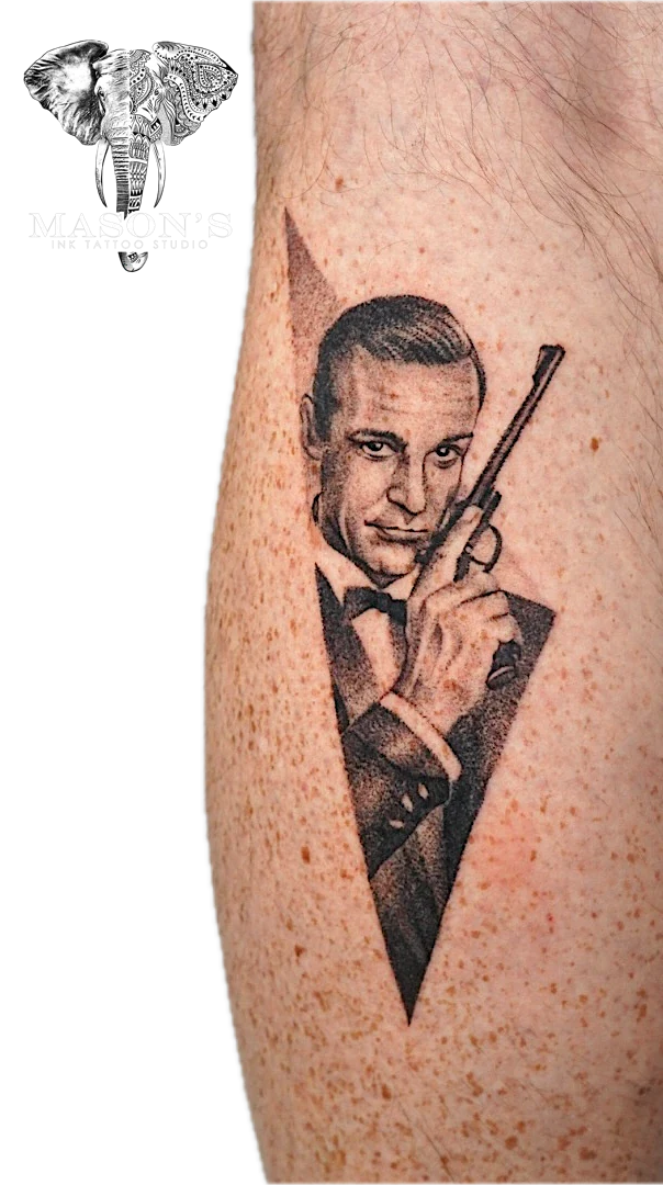 Portrait James Bond tattoo by Mason's Ink Tattoo Studio, Bali