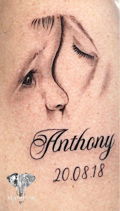 Portrait Realism Mother and baby tattoo by Mason's Ink Tattoo Studio, Bali
