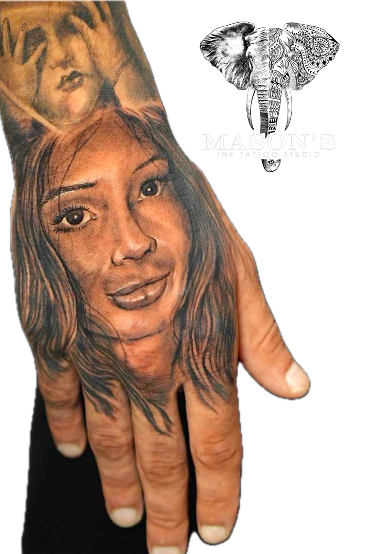 Portrait Woman Face on hand tattoo by Mason's Ink Tattoo Studio, Bali