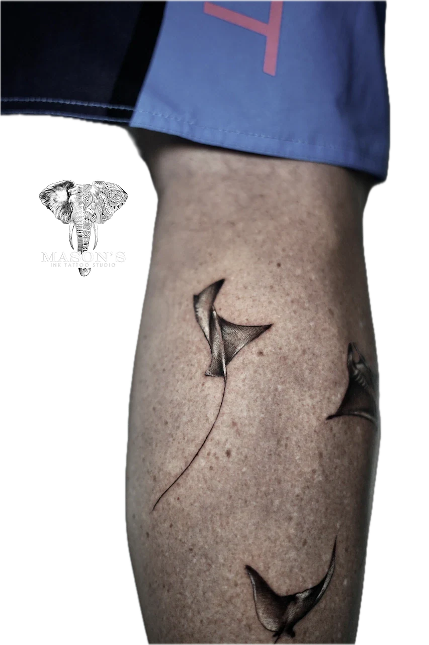Realism Manta Ray Tattoo Design: Minimal shark fin designs on the calf