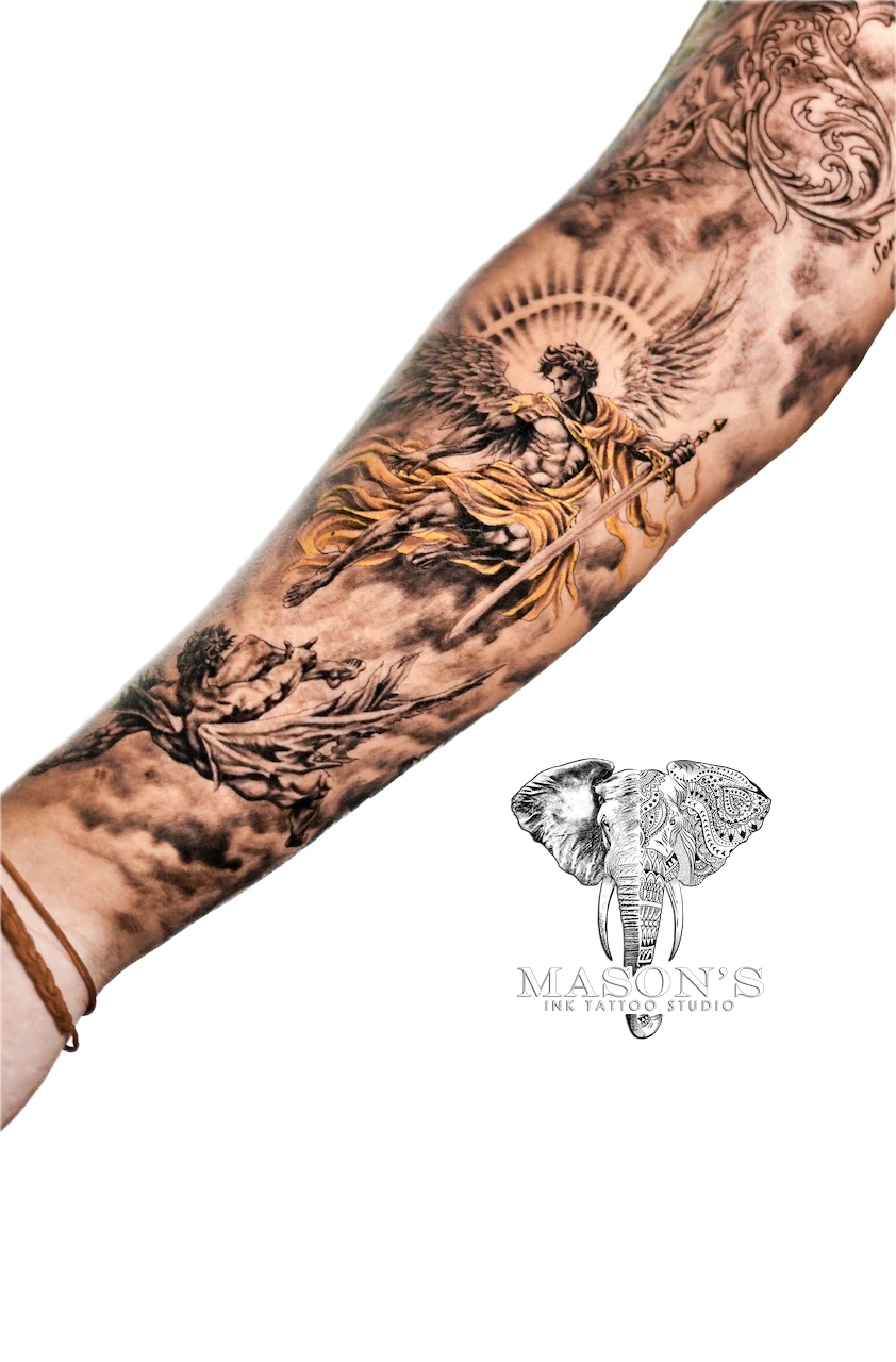 Realism Angel Tattoo Design: a detailed angel riding a lion on a forearm tattoo