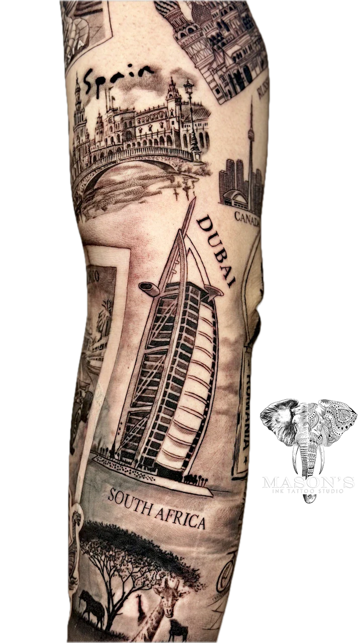 Around the World Realism Tattoo: a travel-themed sleeve tattoo with various landmarks and scenes