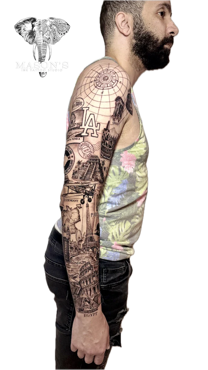 Around the World Realism Tattoo: a detailed travel map and compass sleeve tattoo with city skylines