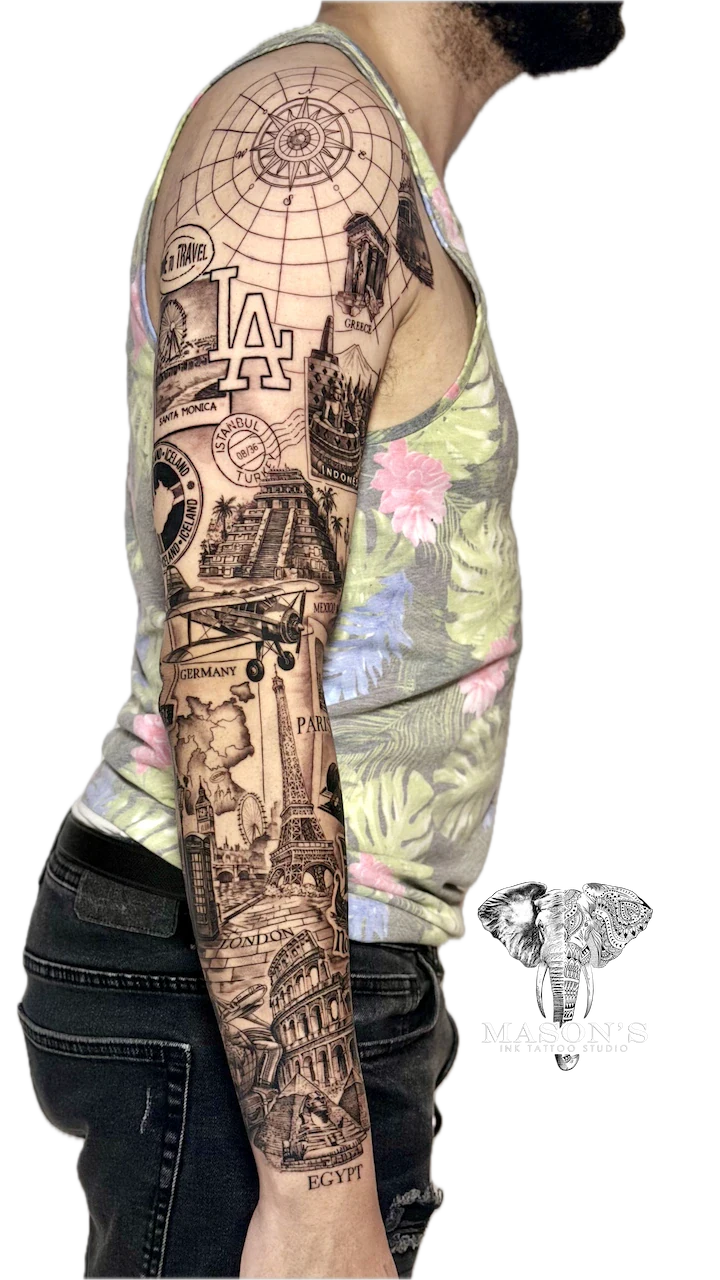 Around the World Realism Tattoo Artwork - Realism tattoo by Mason's Ink Tattoo Studio, Bali