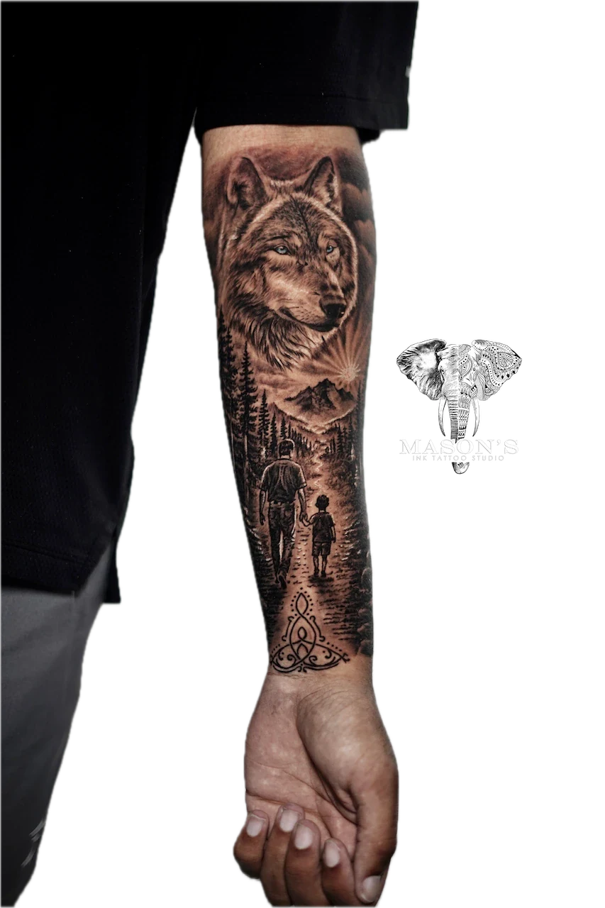 Father and Son Forest Realism Tattoo - Realism tattoo by Mason's Ink Tattoo Studio, Bali