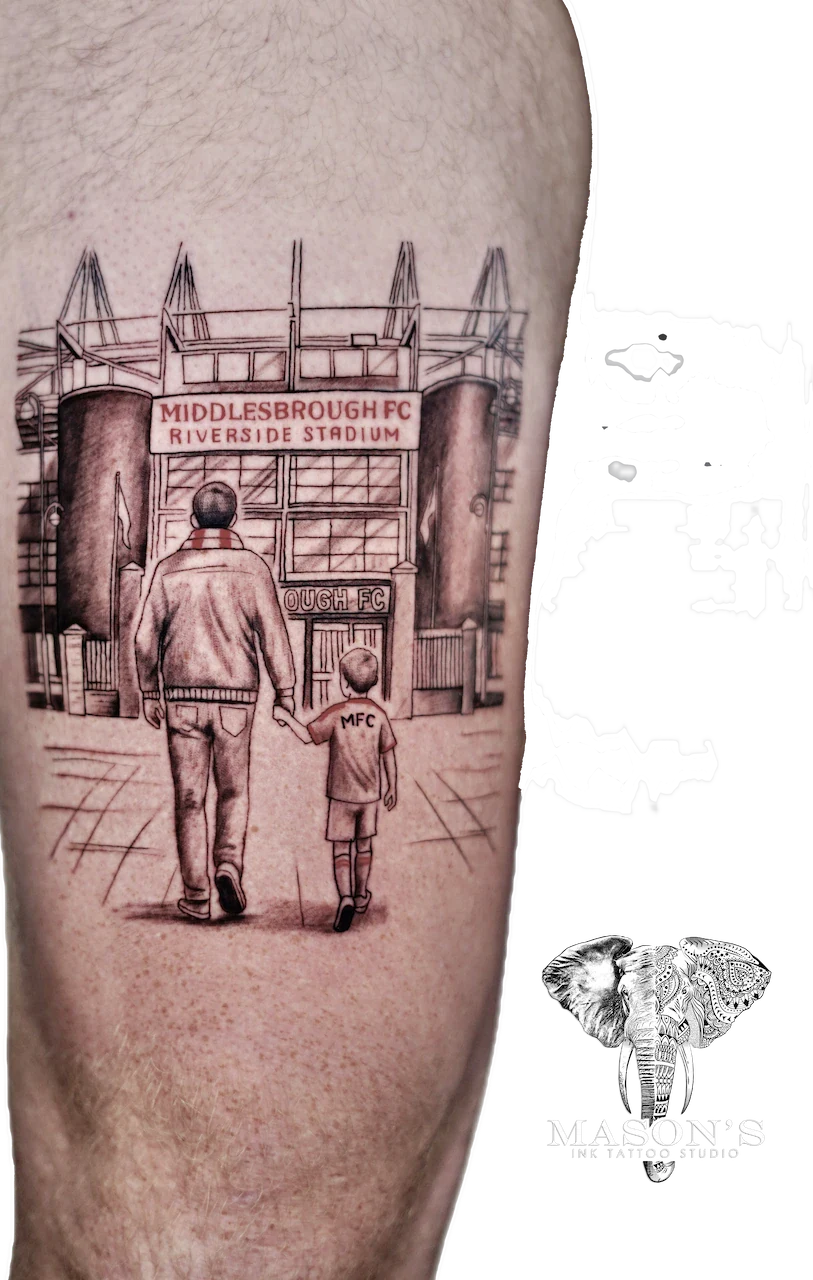 Father and Son Stadium Realism Portrait Tattoo by Mason's Ink Tattoo Studio, Bali