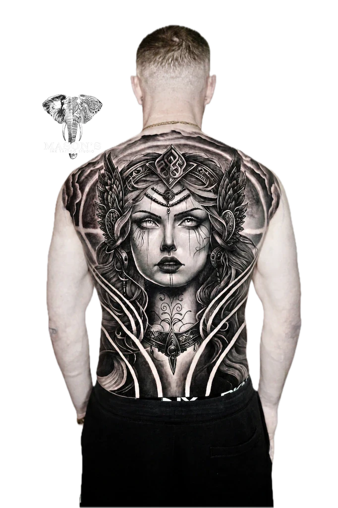 Full Back Women Realism Tattoo Design - Realism tattoo by Mason's Ink Tattoo Studio, Bali