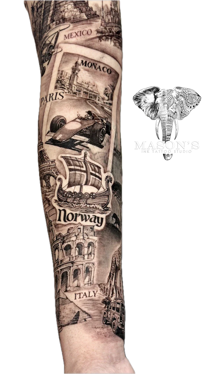 Global Journey Realism Tattoo Design - Realism tattoo by Mason's Ink Tattoo Studio, Bali