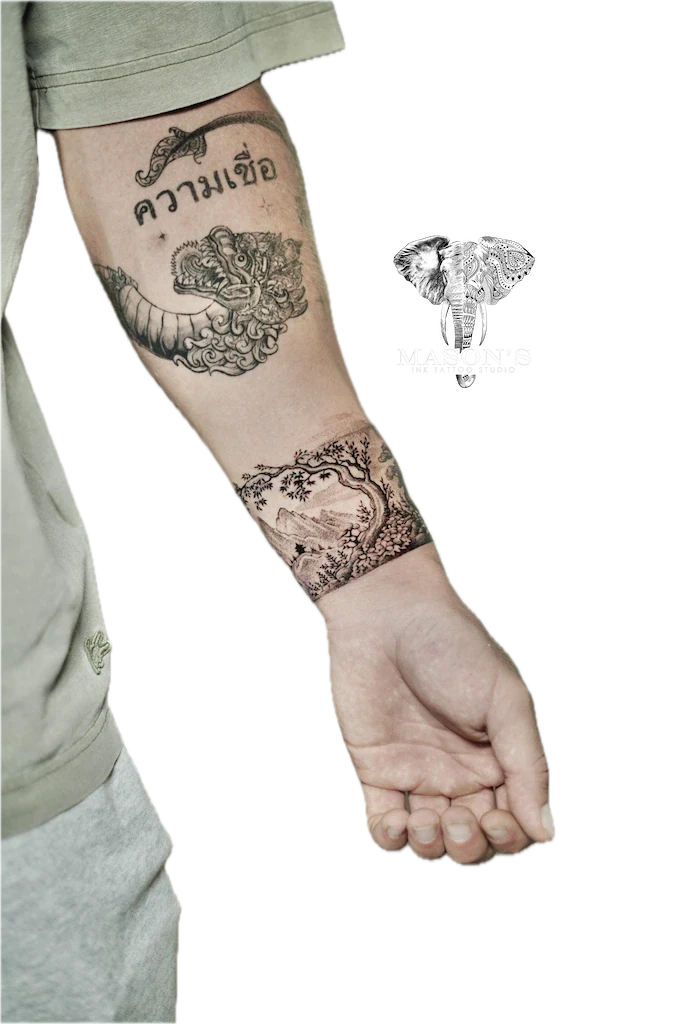 Mountain Landscape Realism Tattoo Design - Realism tattoo by Mason's Ink Tattoo Studio, Bali