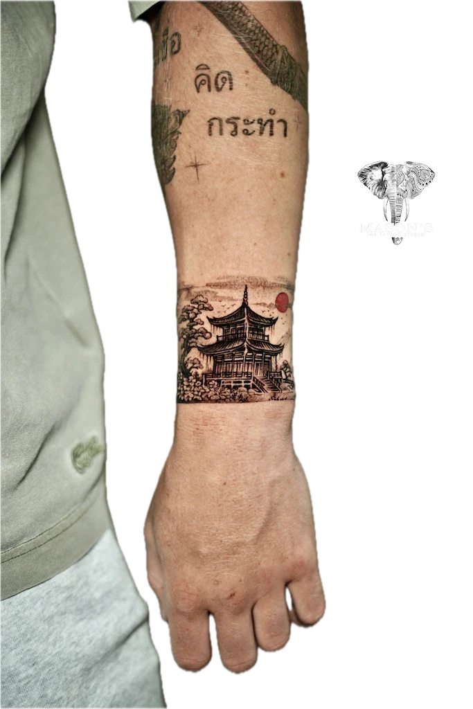 Mountain View Realism Tattoo Design: a pagoda with trees and a moon on a forearm with lettering