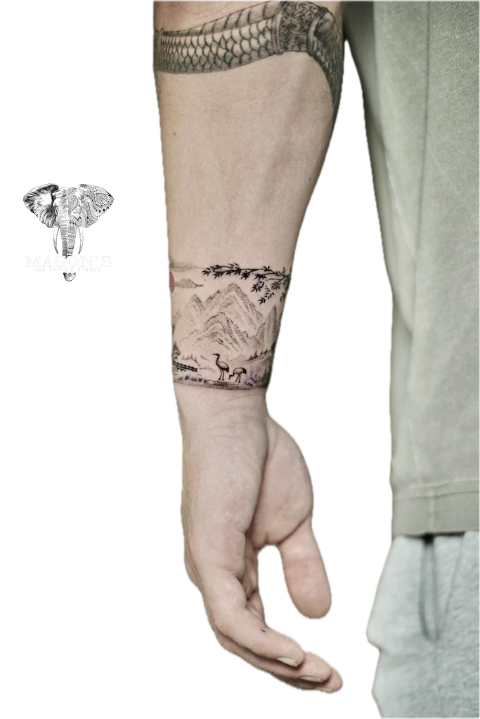 Mountain View Realism Tattoo Design: Minimalist landscape with mountains, birds, and trees on the forearm