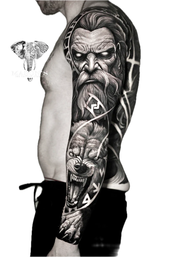 Poseidon and Wolf Realism Tattoo Design - Realism tattoo by Mason's Ink Tattoo Studio, Bali