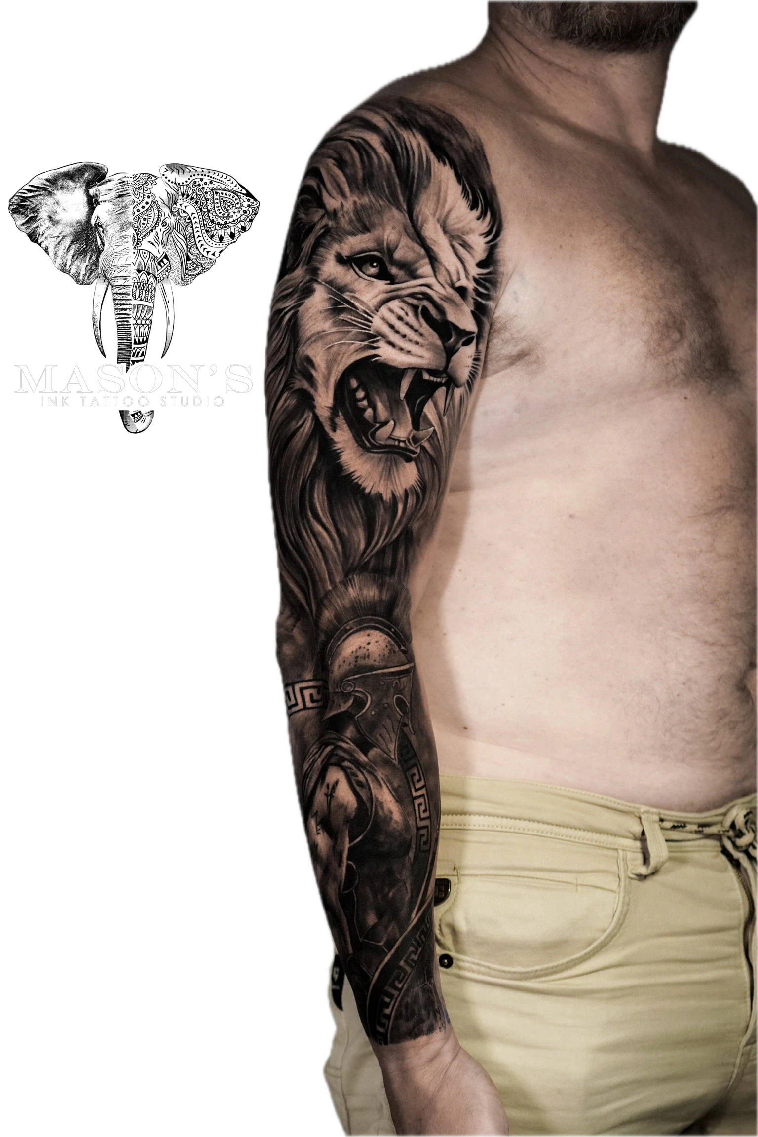 Black Work Realism Lion Tattoo Design: a roaring lion and wolf with armor on a full sleeve