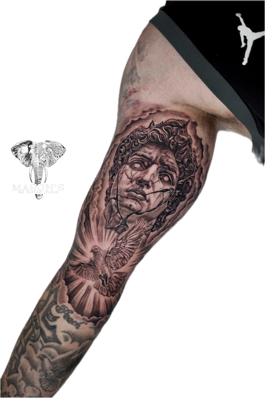 Realism Angel Statue and Bird Tattoo Design by Mason's Ink Tattoo Studio, Bali
