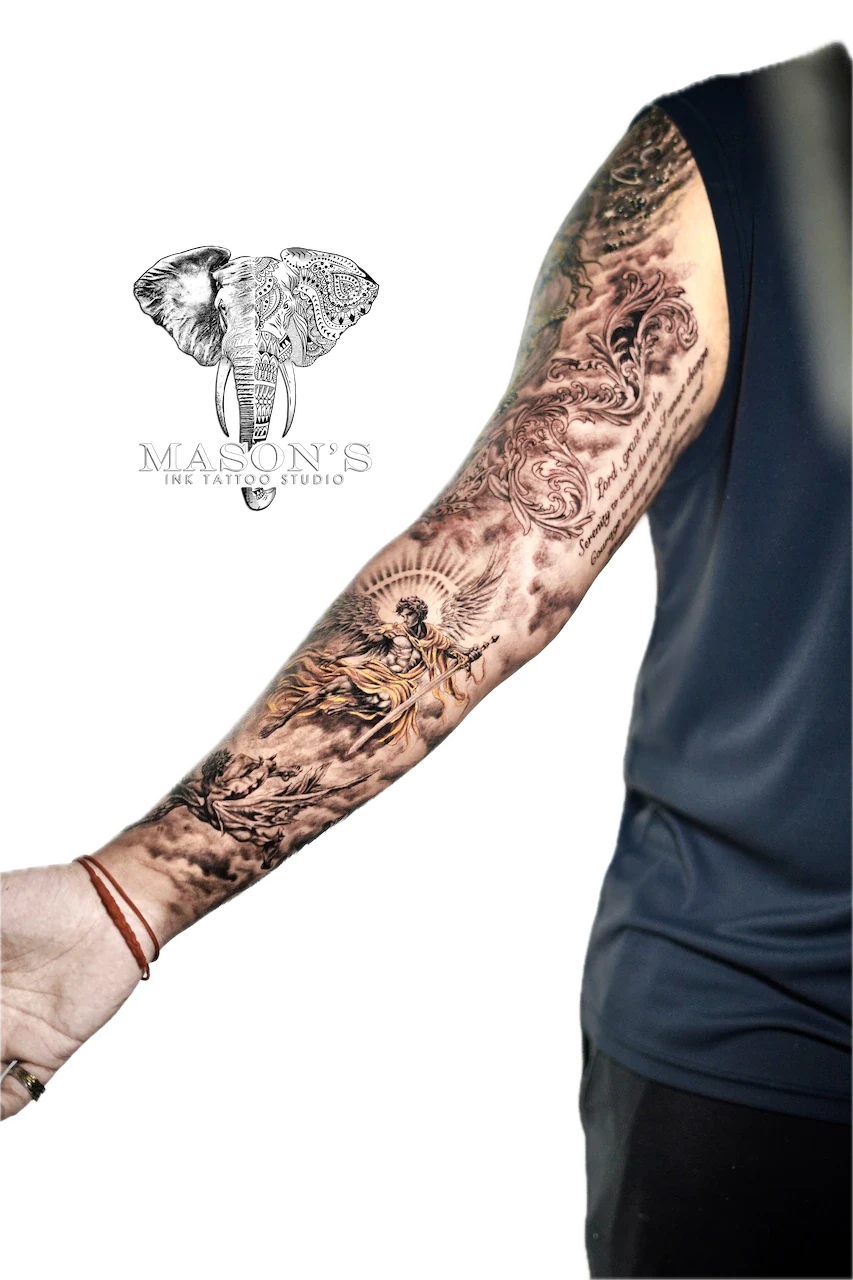 Realism Angel Tattoo Design: a full sleeve tattoo of an angel with ornate floral and sun patterns