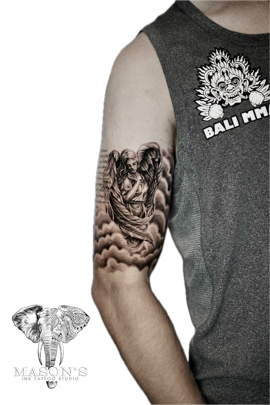 Realism Angel Tattoo Design: a detailed angel portrait with clouds and flowing dress on the upper arm