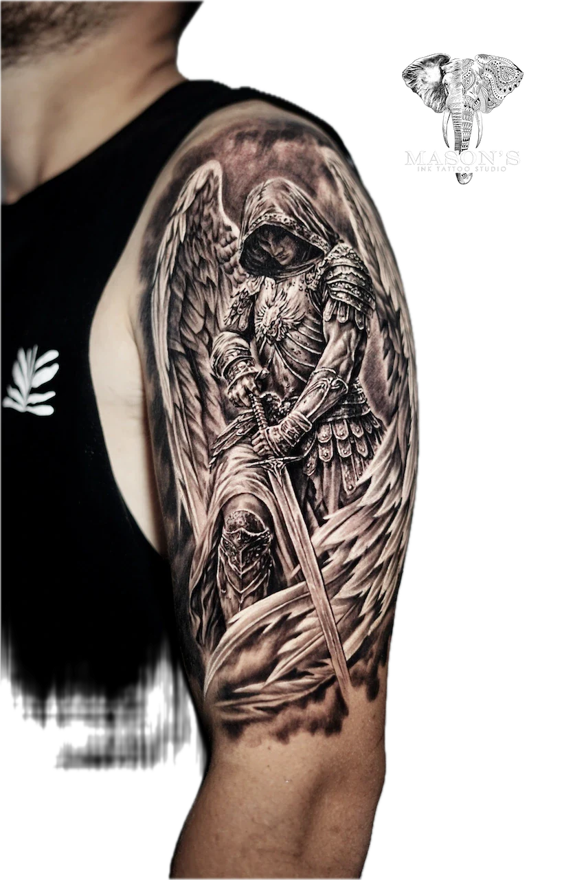 Realism Angel War Tattoo Design by Mason's Ink Tattoo Studio, Bali