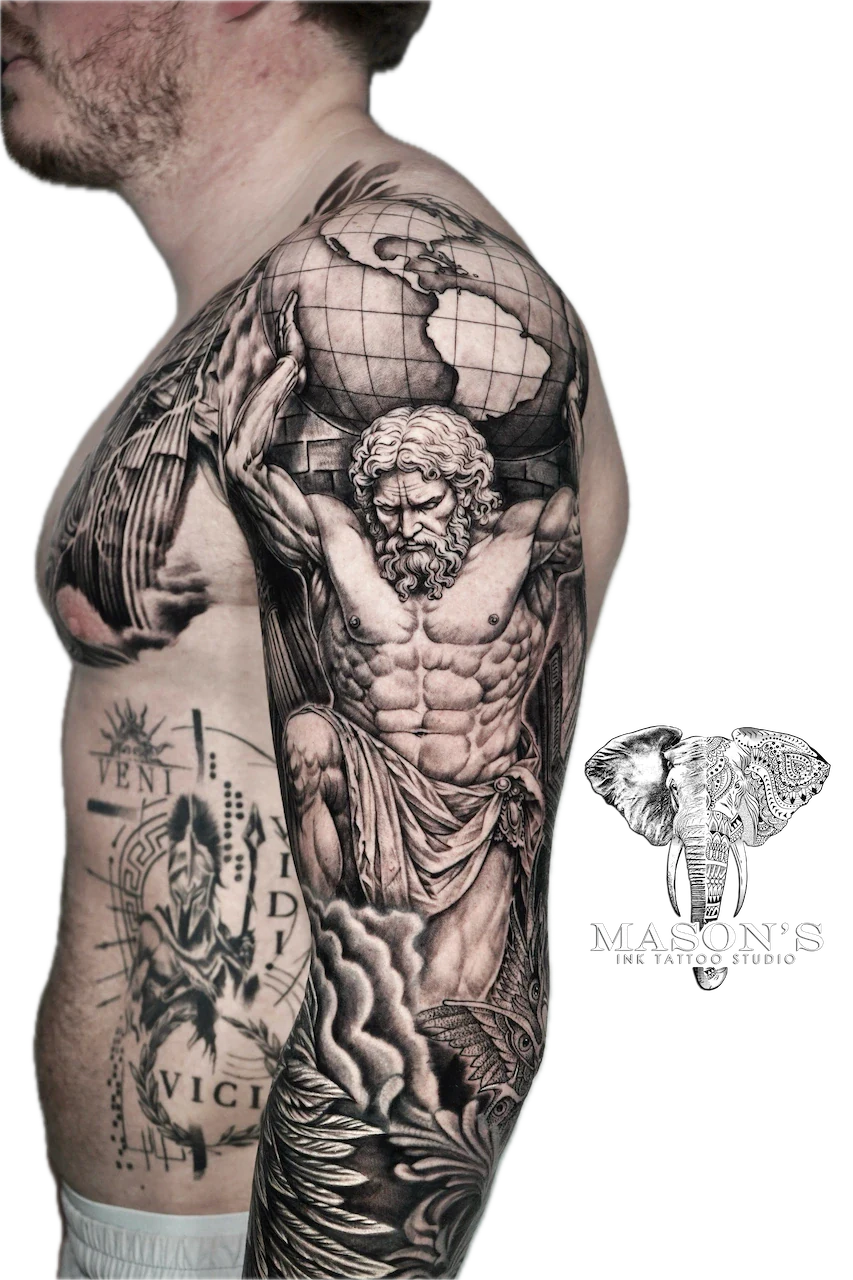 Realism Atlas Tattoo Design - Realism tattoo by Mason's Ink Tattoo Studio, Bali
