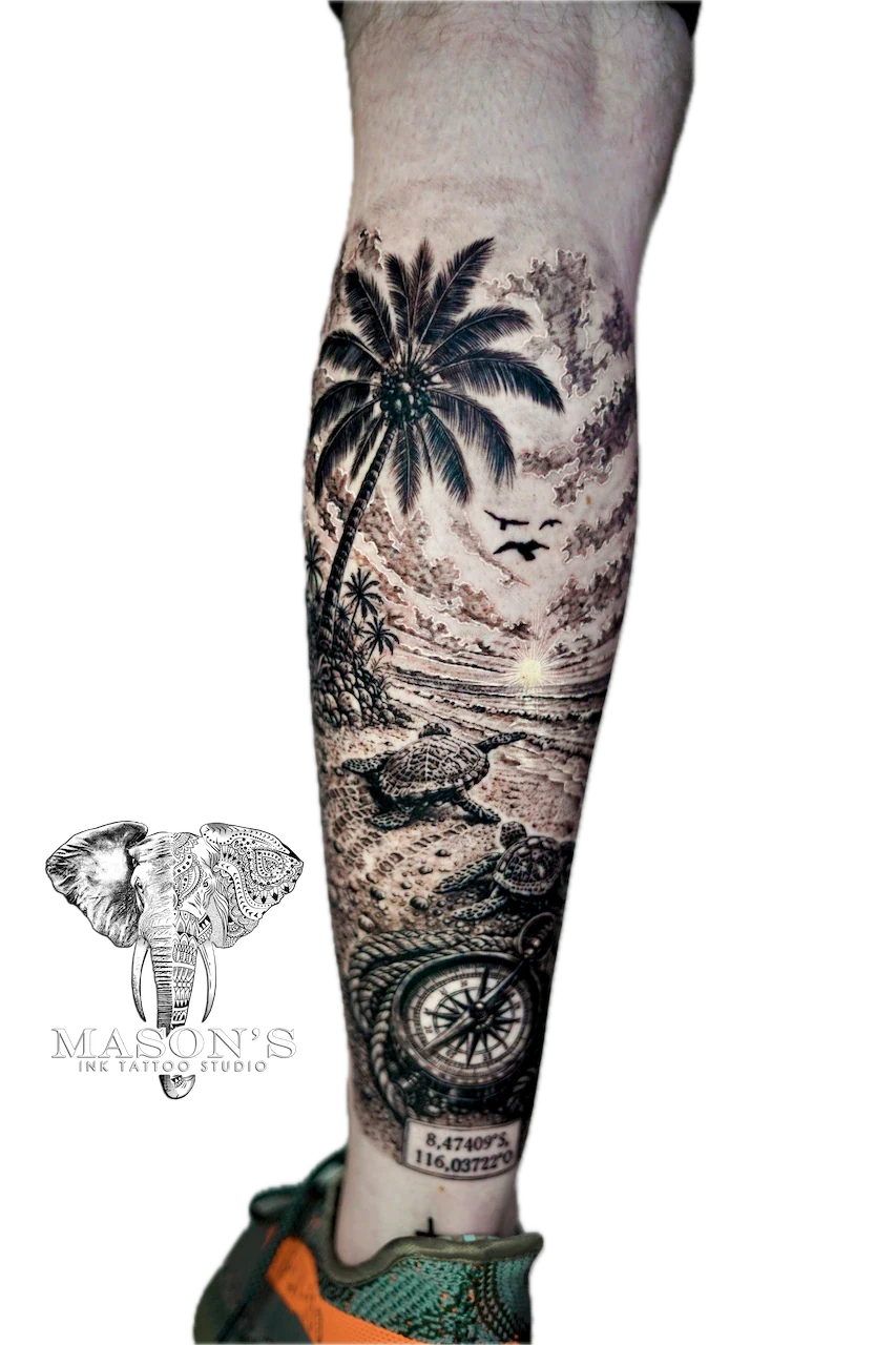Realism Beach and Turtle Tattoo Design - Realism tattoo by Mason's Ink Tattoo Studio, Bali