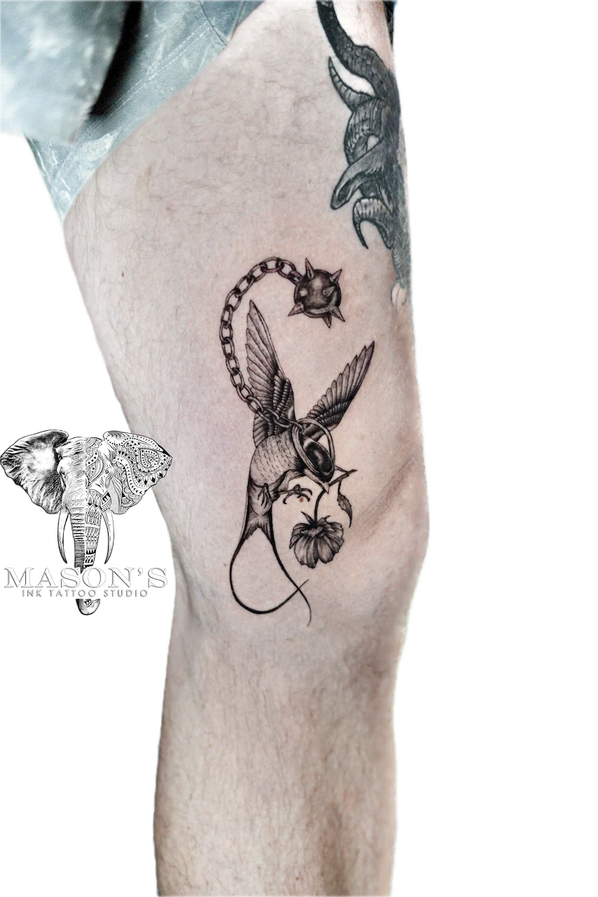 Realism Bird and Chain Tattoo Design - Realism tattoo by Mason's Ink Tattoo Studio, Bali