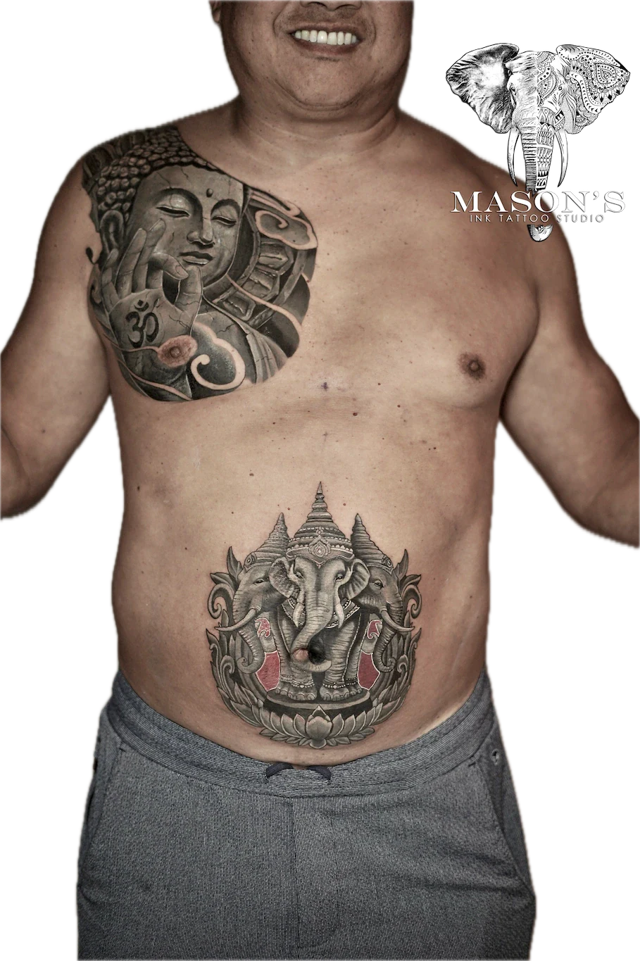 Realism Buddha and Elephant Tattoo Design - Realism tattoo by Mason's Ink Tattoo Studio, Bali