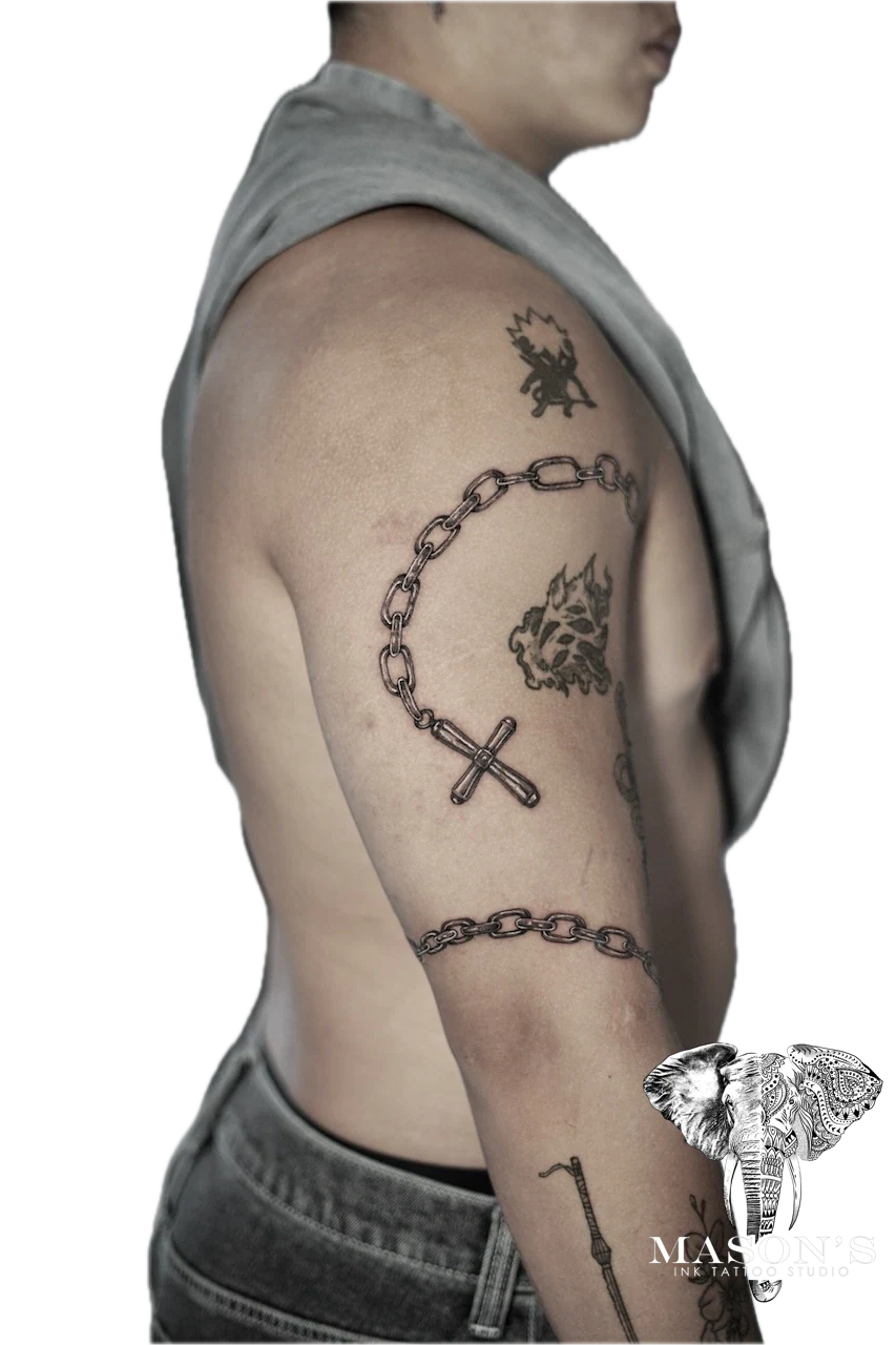 Realism Cross and Iron Chain Tattoo Design by Mason's Ink Tattoo Studio, Bali