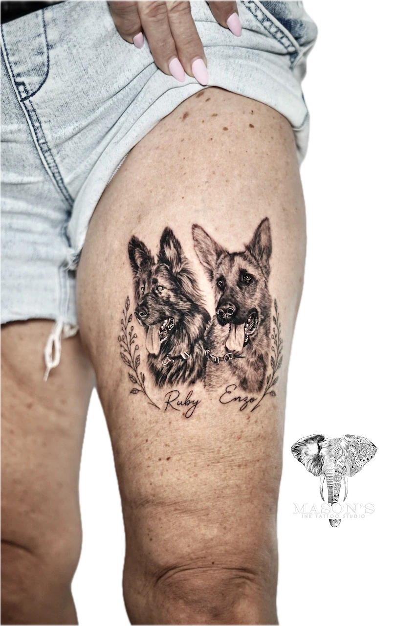 Realism Dog Portrait Tattoo Design - Realism tattoo by Mason's Ink Tattoo Studio, Bali