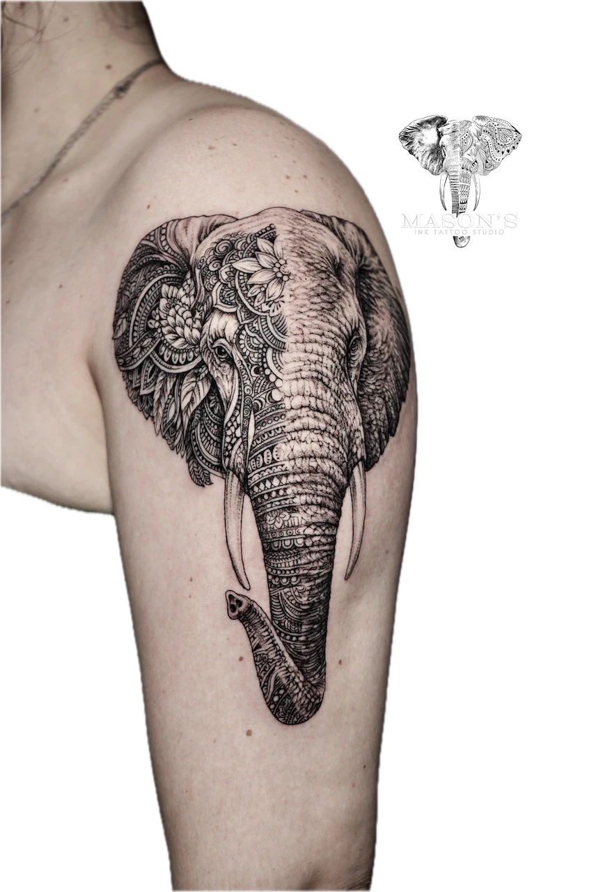 Realism Elephant and Mandala Tattoo Design - Realism tattoo by Mason's Ink Tattoo Studio, Bali