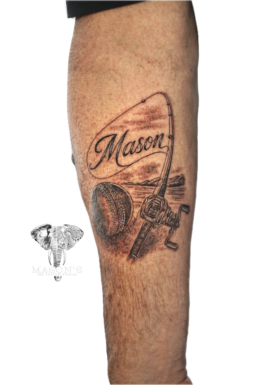 Realism Fishing Gear Tattoo Design - Realism tattoo by Mason's Ink Tattoo Studio, Bali