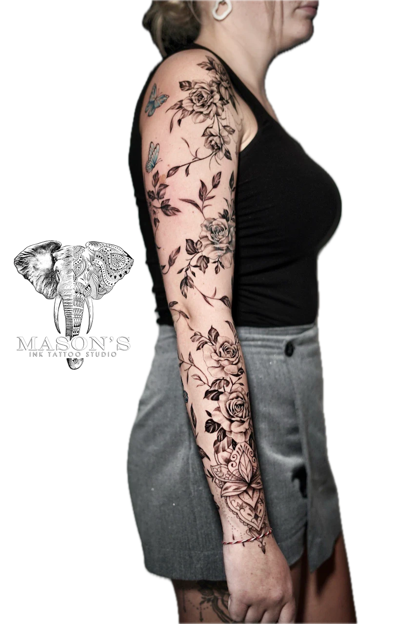 Realism Floral Full Sleeve Tattoo Design - Realism tattoo by Mason's Ink Tattoo Studio, Bali