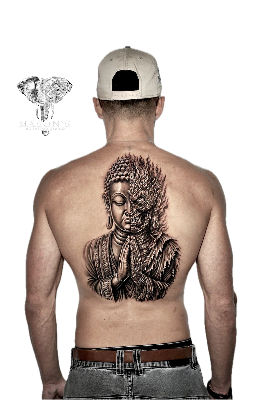 Realism Half Buddha Half Demonic Tattoo Design by Mason's Ink Tattoo Studio, Bali